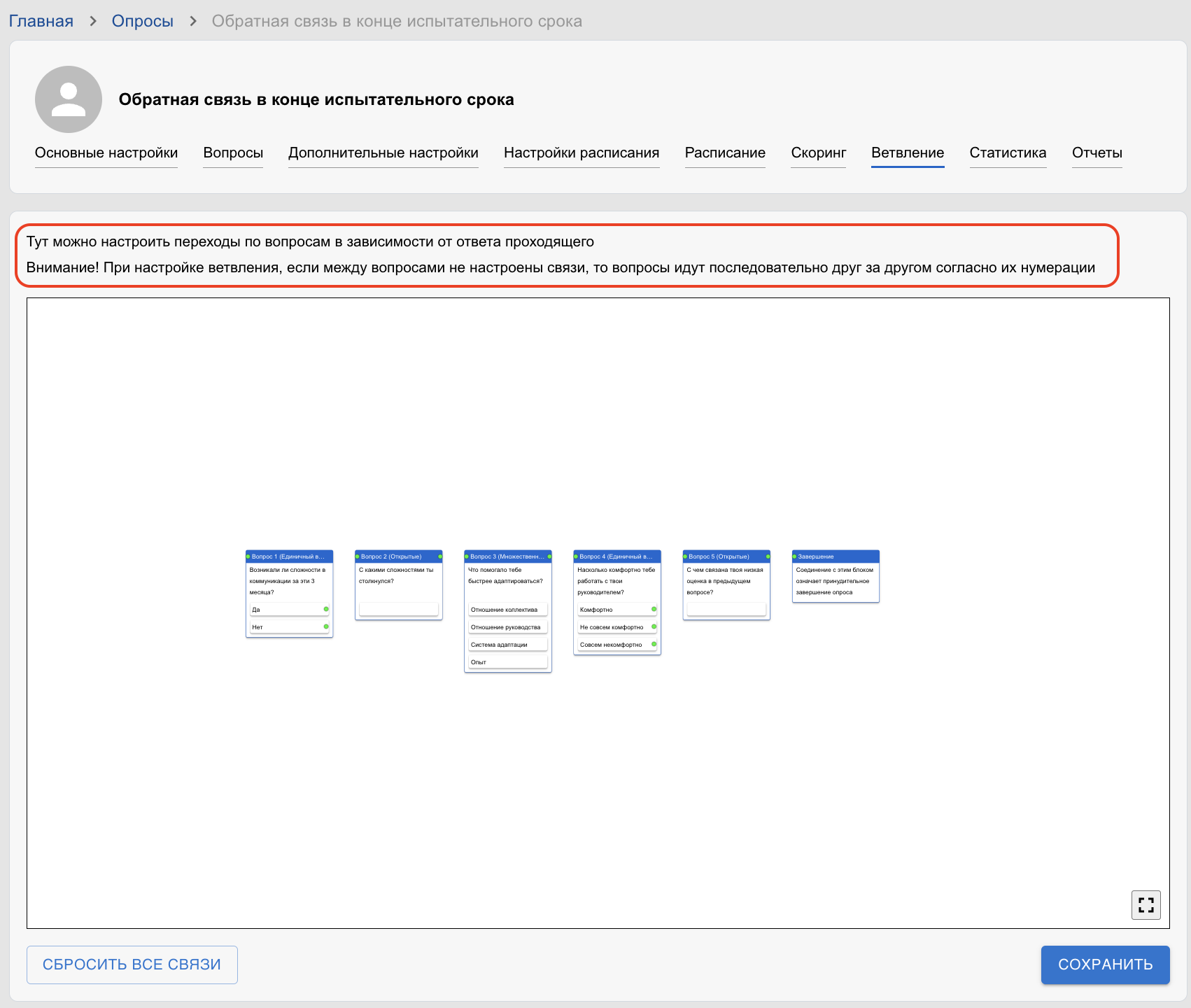 Как работает ветвление опроса, если связи между вопросами не настроены? -  pryaniky.com